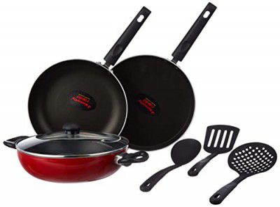 Butterfly Rapid Non Stick 7 Pcs Set | Kadai with Glass Lid | Tawa | Fry Pan | 3 Spatula | Induction Base| PFOA Free | Scratch Resistant | for Curry, Dal, Rice, Roti/Dosa | Red