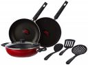 Butterfly Rapid Non Stick 7 Pcs Set | Kadai with Glass Lid | Tawa | Fry Pan | 3 Spatula | Induction Base| PFOA Free | Scratch Resistant | for Curry, Dal, Rice, Roti/Dosa | Red...