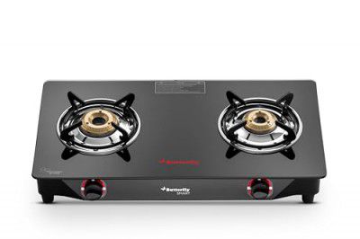Butterfly Smart 2 Burner Glass Top Gas Stove 1 Year Manufacturer's Warranty | Black