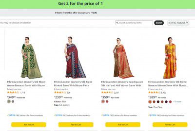 Buy 1 Get 1 Free on WIde Range of Women's Ethnic Wear