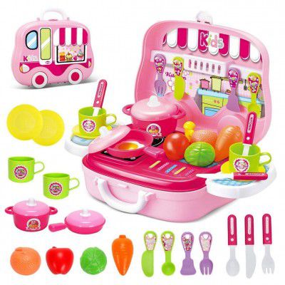 Cable World Portable Cooking Kitchen Play Set Pretend Play Food Party Role Toy For Boys Girls Pink