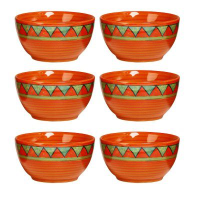 Caffeine Ceramic Handmade Orange & Green Triangles Dining Bowl(Set of 6, 200 ml)
