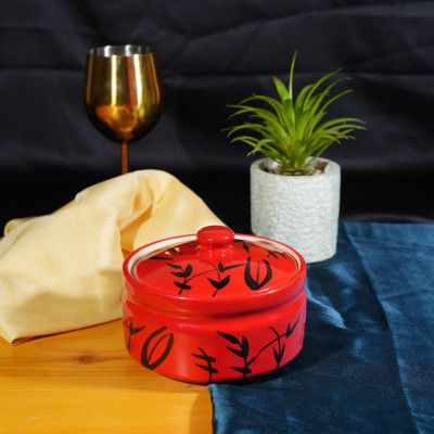 Caffeine Ceramic Handmade Red Bamboo Serving Donga Casserole with Lid 500ml Small Stoneware