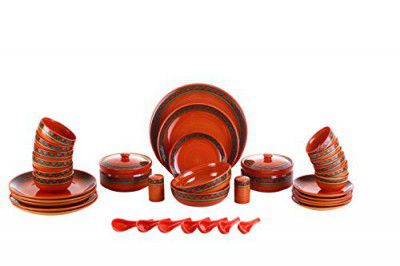 Caffeine Ceramic Handmade Rustic Red and Green Combo Dinner Set (37 pcs.)
