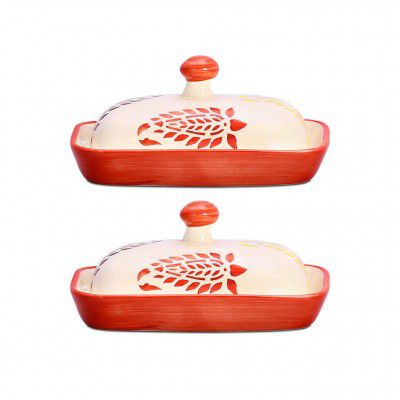 Caffeine Ceramic Stonwear Handmade Red Boota Butter Tray with lid 6" (Set of 2)