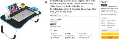 Callas Multipurpose Foldable Laptop Table with Cup Holder | Mac Holder | Table Holder Study Table, Breakfast Table, Foldable and Portable/Ergonomic & Rounded Edges/Non-Slip Legs (WA-27-Sky Blue)