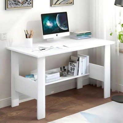 Callas ST-40 Wooden Study Table with Hutch & Bottom Storage -Office Table (White, ST-09)