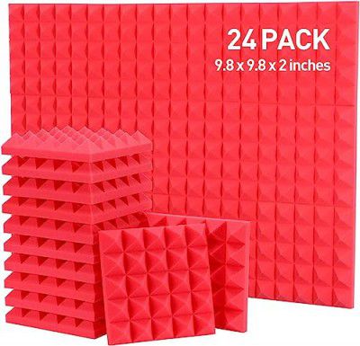 Cambik Acoustic Foam Wedge Shape Panels - 12x12x2 In, Music Studio Sound Absorbing Soundproofing Foams, Control Echo with High Density Noise Absorber Wall Panels, (Red- Pyramid- Pack of 24)