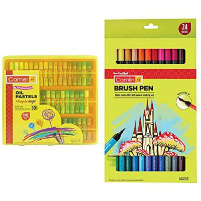 Camel Oil Pastel With Reusable Plastic Box - 50 Shades & Camlin Kokuyo Brush Pens, 24 Shades (Multicolor)
