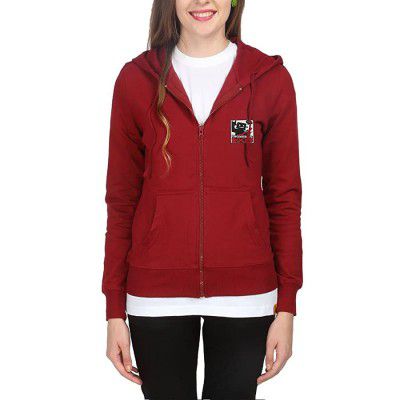 Campus Sutra Grey Zipped Women Hooded Sweatshirt with Applique