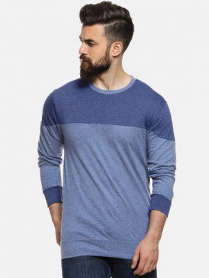 Campus Sutra Men Blue Colourblocked Round Neck T-shirt