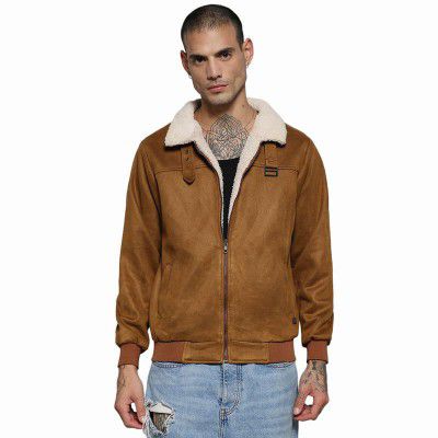 Campus Sutra Men's Brown Zip-Front Jacket With Fleece Detail For Casual Wear | Long Sleeve | High Neck | Zipper Closure | Suede Jacket Crafted With Comfort Fit For Everyday Wear Medium