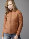 Campus Sutra Women Brown raffia Striped Windcheater Longline Outdoor Puffer Jacket...
