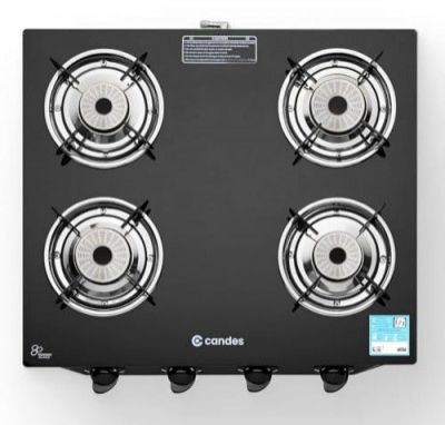 Candes Glass 4 Burner Gas Stove Toughened Glass | Manual Ignition Gas Chulha | LPG Gas Stove