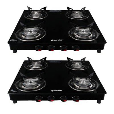 Candes Toughened Glass 4 Burner Manual Gas Stove |Die Cast Alloy Tornado Burner |Gas Stove 4 Burners | LPG Compatible |ISI Certified | Door Step Service, 300 Days Warranty| Pack of 2