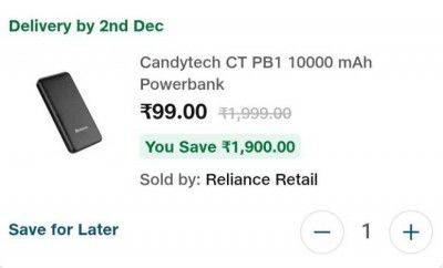Jiomart Loot : Candytech CT PB1 10000 mAh Powerbank