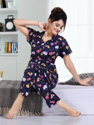 Capasino Women Printed Dark Blue Shirt & Pyjama Set