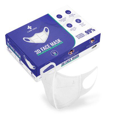 Care View 3 Dimensional Disposable Face Mask with 4 Layered Filtration (WHITE, PACK OF 50)