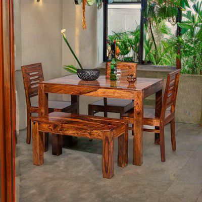 [Extra Rs 4200 OFF] Carlsbade Solid Sheesham Wood 4 Seater Dining Table Set | with 3 Chairs and 1 Bench - Honey Teak Brown