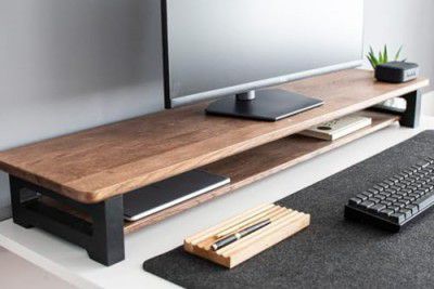 carpentray Store 66cm Long Wooden Monitor Stand with Storage Organizer for Desk | Desktop Ergonomic Monitor Stand Riser 66x20x11cm (Black Legs)
