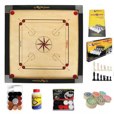 Carrom Board 32" Full Size with 1.5" Border 11" Chess Conquer Gift Set