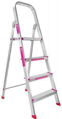 Casa Copenhagen, RC Strong : Ultra-Stable 4-Step Foldable Aluminium Ladder 130 cm (4.25 ft.) with 5-Year Warranty,Top Platform Size 10 inch X 10 inch & Step Size 14,15,16 Inches : Silver & Pink
