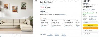 Casafurnish Ceasaro 6 Seater Fabric RHS L Shape Sofa Set (Cream)