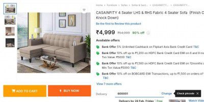 CASAINFITY 4 Seater LHS & RHS Fabric 4 Seater Sofa  (Finish Color - Cream, Knock Down)