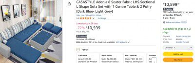CASASTYLE Adonia 8 Seater Fabric LHS Sectional L Shape Sofa Set with 1 Centre Table & 2 Puffy (Dark Blue- Light Grey)