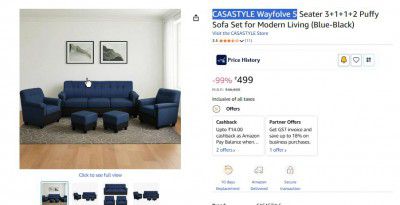 CASASTYLE Wayfolve 5 Seater 3+1+1+2 Puffy Sofa Set for Modern Living (Blue-Black)