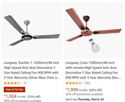 LONGWAY & Dacus Ceiling Fan at Up to 75% off + Extra 50% Auto Discount on Payment Page