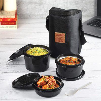 Cello All In One Lunch Box with Fabric Bag, Black | 3 Microwave Safe Insulated Inner Steel Containers (550ml,375ml,225ml)