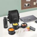 Cello All In One Lunch Box with Fabric Bag, Black | 3 Microwave Safe Inner Steel Container (550ml,375ml,225ml)...