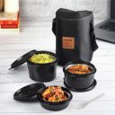 Cello All In One Lunch Box with Fabric Bag, Black | 3 Microwave Safe Insulated Inner Steel Containers (550ml,375ml,225ml)...