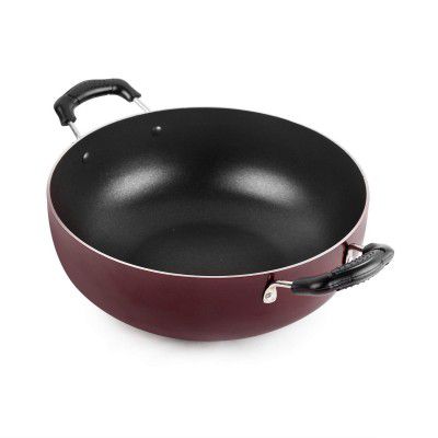 Cello Aluminium Non-Stick Induction Compatible Deep Kadhai Without Lid, 3.5 L Cherry