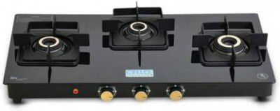 CELLO Black Pearl 3 Burner Toughened Glass Top Gas Stove, Brass Burners, Black Finish Glass Automatic Gas Stove (3 Burners)