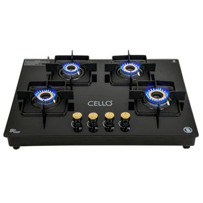 Cello Black Pearl Hob Top Cooktop Automatic Ignition 8MM Toughened Glass | 4 Burner Open Gas Stove | Black | 1 Year Warranty