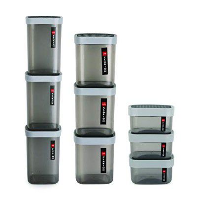 CELLO Clarion Square Air Tight PET Storage Containers | (500+1000+2200) ml | Grey, Set of 9