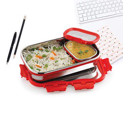 CELLO Click It Stainless Steel Lunch Pack, Red, 925ml | Stainless Steel Lunch Box with Veg Box | Lunch Box with Snap Lock | Perfect for School, College & Office