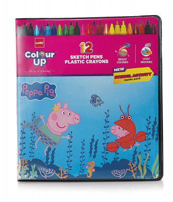 Cello ColourUp Peppa Pig Colouring Kit|12 Sketch Pens, 12 Plastic Crayons, Peppa Pig StencilHobby Stationery(CEL1011937)