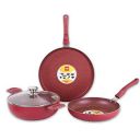 Cello Crown Induction Base Cookware Non-stick coating Set with Spatter & Soft Touch Handles & Glass Lid | American heritage original coating | Cherry Red...