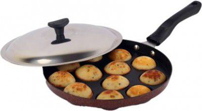 Cello Crown Single Handle Appam 12 Cavity with Lid 1 L capacity 20 cm diameter  (Aluminium, Non-stick, Induction Bottom)
