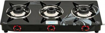 CELLO Crowne 3 Burner Black Auto Ignition LPG Glass Top Gas Stove