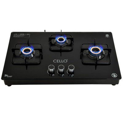 Cello Crysta Hob Top Cooktop 8MM Toughened Glass | High Efficient Brass Burners (3 Burners Automatic)