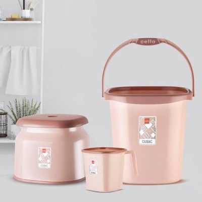 Cello Cubic Bathroom Set | Sturdy and Durable | Cubic Set (Bucket 18 L + Stool + Mug 1.5 L) | Set of 3