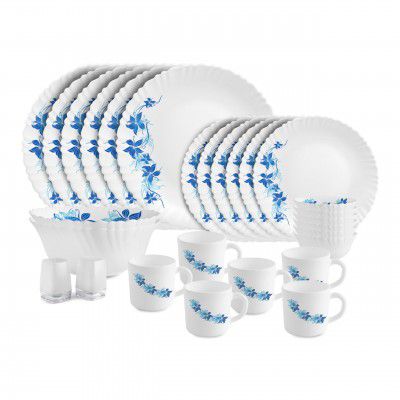 Cello Dazzle Series Blue Swirl Opalware Dinner Set | 28Pcs | White