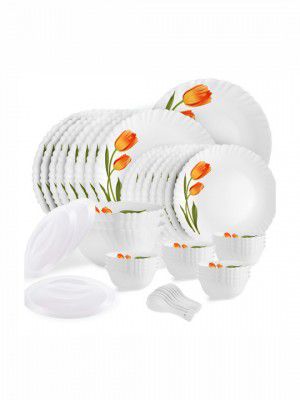 Cello Dazzle White and Orange 47 Pieces Floral Printed Opalware Microwave Safe Dinner Set
