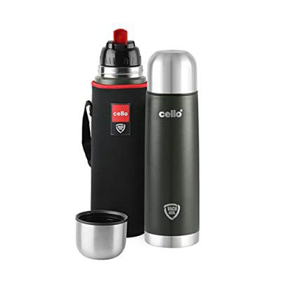 Cello Duro Tuff Steel Series-Flip Double Walled Stainless Steel Water Bottle with Durable DTP Coating and Thermal Jacket, 1000ml