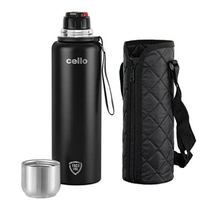 Cello Duro Tuff Steel Series- Flip Double Walled Stainless Steel Water Bottle with Durable DTP Coating, 1500ml, Black