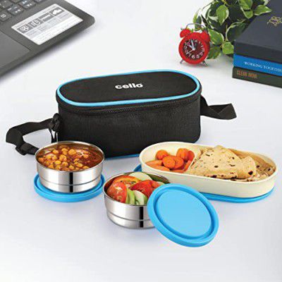 CELLO Exe Stainless Steel Lunch Box for Office & School, 3 Containers, Blue